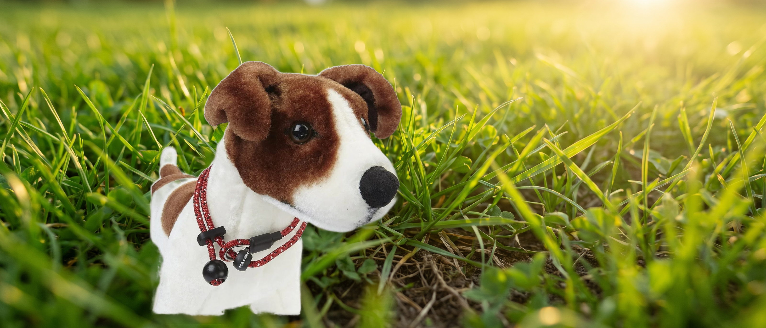 Hundeleinen und Halsbänder mit Plüschhund auf grüner Wiese