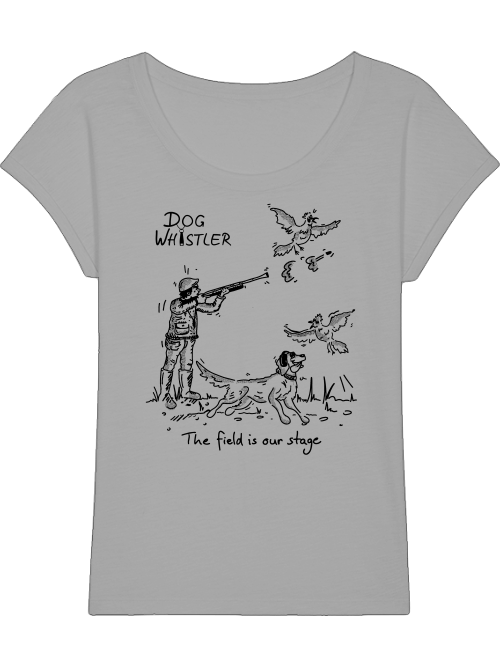 Damen-Shirt RounderSlub mit Auswahl der DOGWHISTLER Motive "Fasanenjagd mit Spaniel, Labrador und Golden Retriever" Druck in schwarz