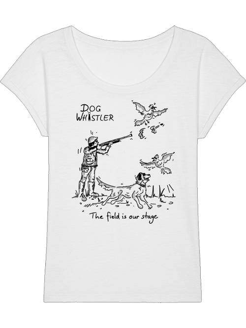 Damen-Shirt RounderSlub mit Auswahl der DOGWHISTLER Motive "Fasanenjagd mit Spaniel, Labrador und Golden Retriever" Druck in schwarz