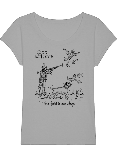 Damen-Shirt RounderSlub mit Auswahl der DOGWHISTLER Motive "Fasanenjagd mit Spaniel, Labrador und Golden Retriever" Druck in schwarz