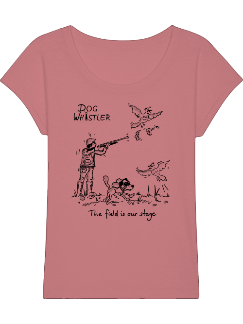 Damen-Shirt RounderSlub mit Auswahl der DOGWHISTLER Motive "Fasanenjagd mit Spaniel, Labrador und Golden Retriever" Druck in schwarz