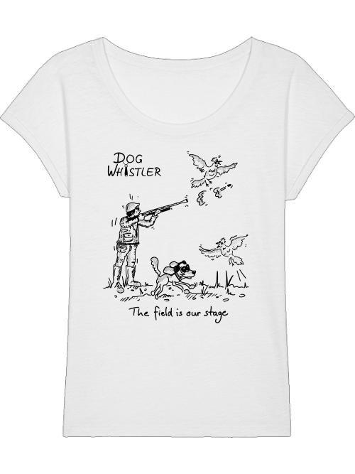 Damen-Shirt RounderSlub mit Auswahl der DOGWHISTLER Motive "Fasanenjagd mit Spaniel, Labrador und Golden Retriever" Druck in schwarz