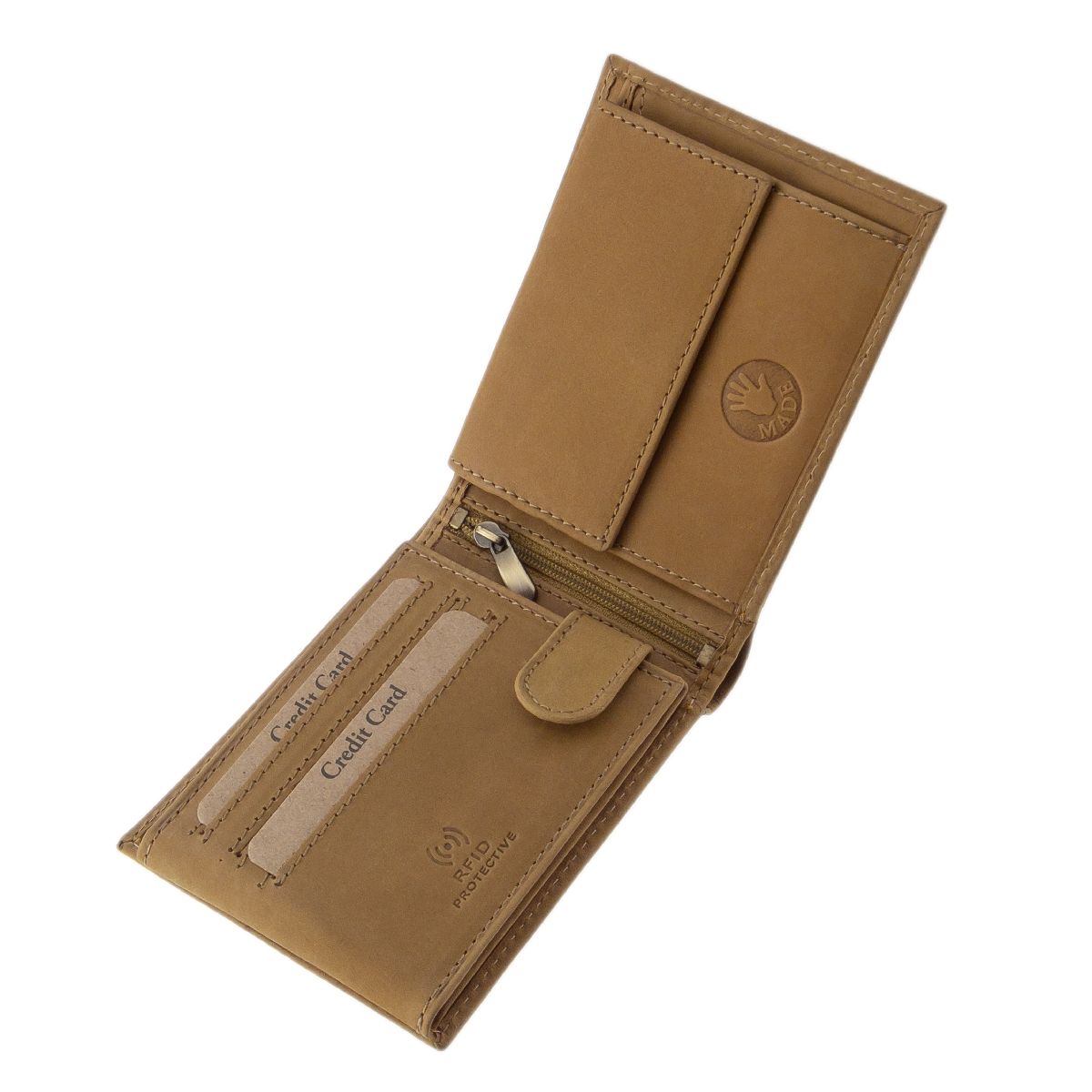 Hellbraune RFID Geldbörse aus unverwüstlichem Büffelleder mit Dackel / Teckel. Das perfekte Geschenk für Jagdhundefreunde