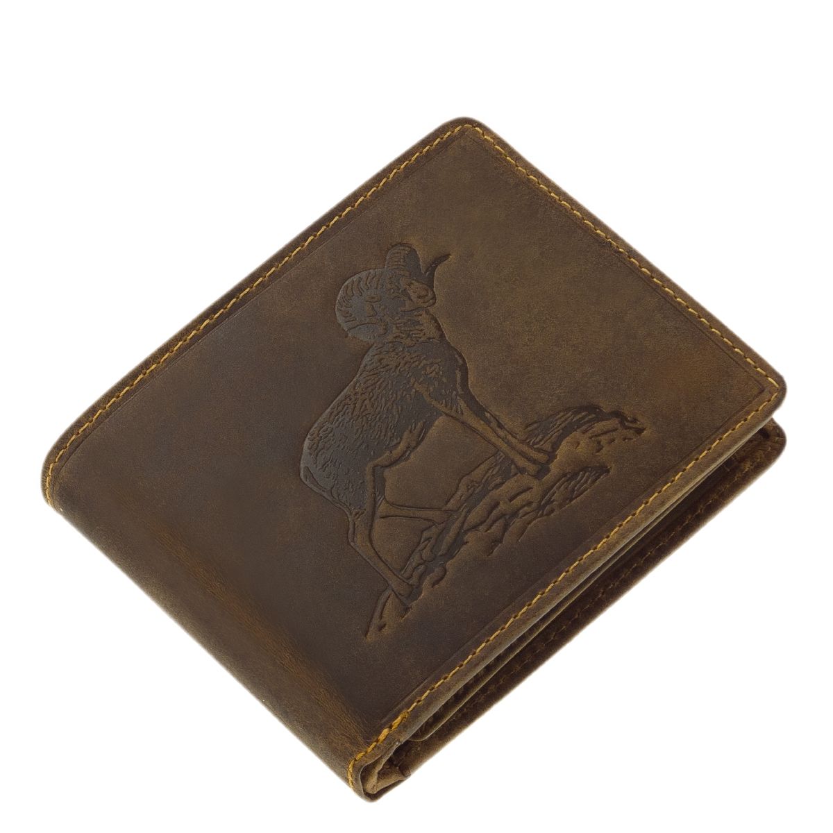 Geldbörse aus unverwüstlichem Büffelleder mit Jagdmotiv Muffelwidder. Das perfekte Geschenk für Jäger