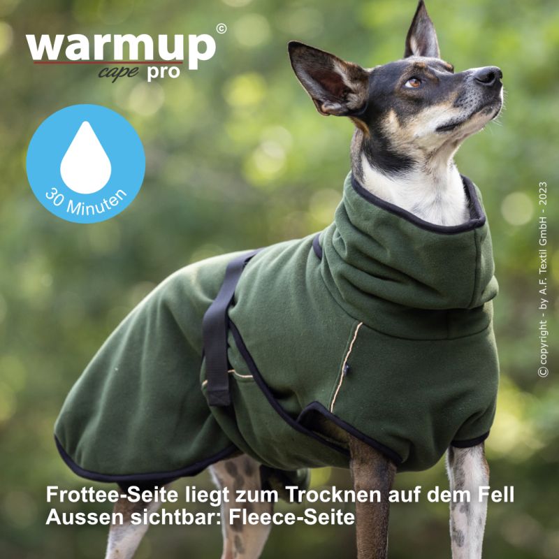Hundemantel warmup© cape PRO (Wende-Cape) - Pine Green | Moos Frottee XS-2XL