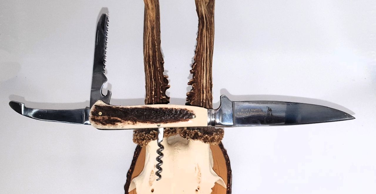 4-teiliges Jagdmesser Full Tang mit Aufbrechklinge, Knochensäge und Korkenzieher