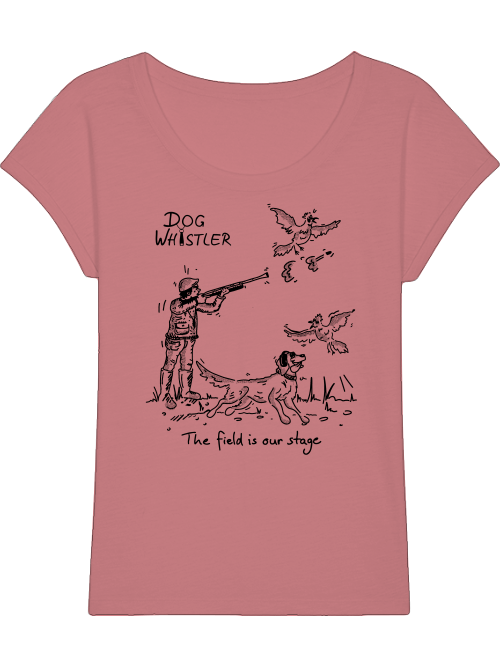 Damen-Shirt RounderSlub mit Auswahl der DOGWHISTLER Motive "Fasanenjagd mit Spaniel, Labrador und Golden Retriever" Druck in schwarz