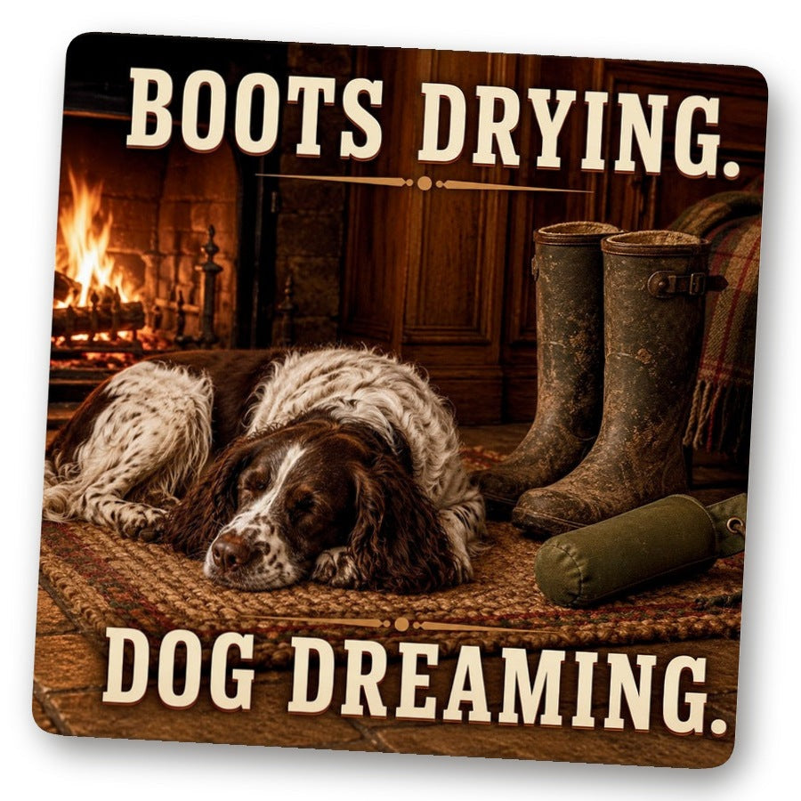 Untersetzer Boots Drying. Dog Dreaming. – Springer Spaniel schläft vor dem Kamin