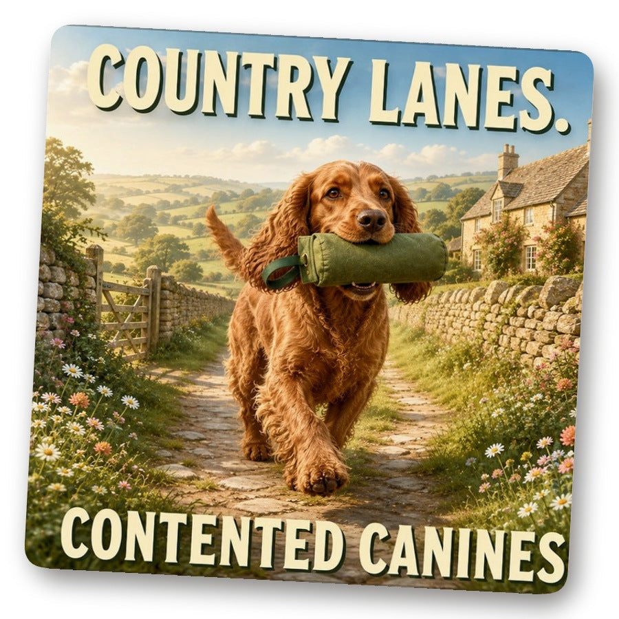 Untersetzer Country Lanes. Contented Canines. – Spaniel mit Dummy auf englischem Landweg