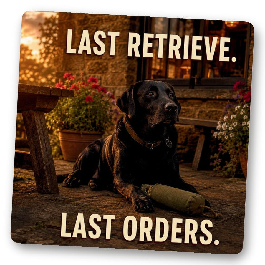 Untersetzer Last Retrieve. Last Orders. – schwarzer Labrador vor einem englischen Pub