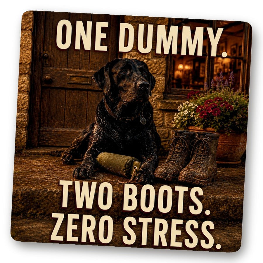 Untersetzer One Dummy. Two Boots. Zero Stress. – schwarzer Labrador mit Dummy und Gummistiefeln