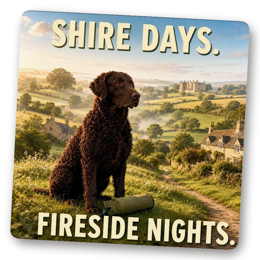 Untersetzer Shire Days. Fireside Nights. – Curly Coated Retriever in englischer Hügellandschaft