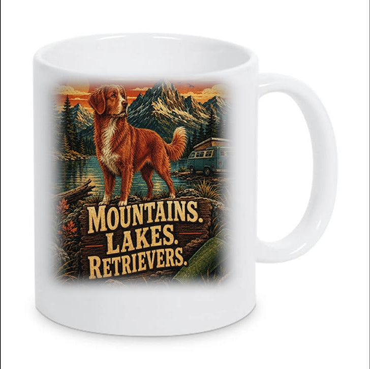 Kaffeetasse "Mountains. Lakes. Retrievers."