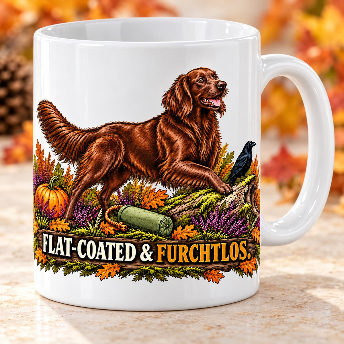Kaffeetasse Flat-Coated & furchtlos. – ein Flat-Coated Retriever mit Dummy am Herbstholz
