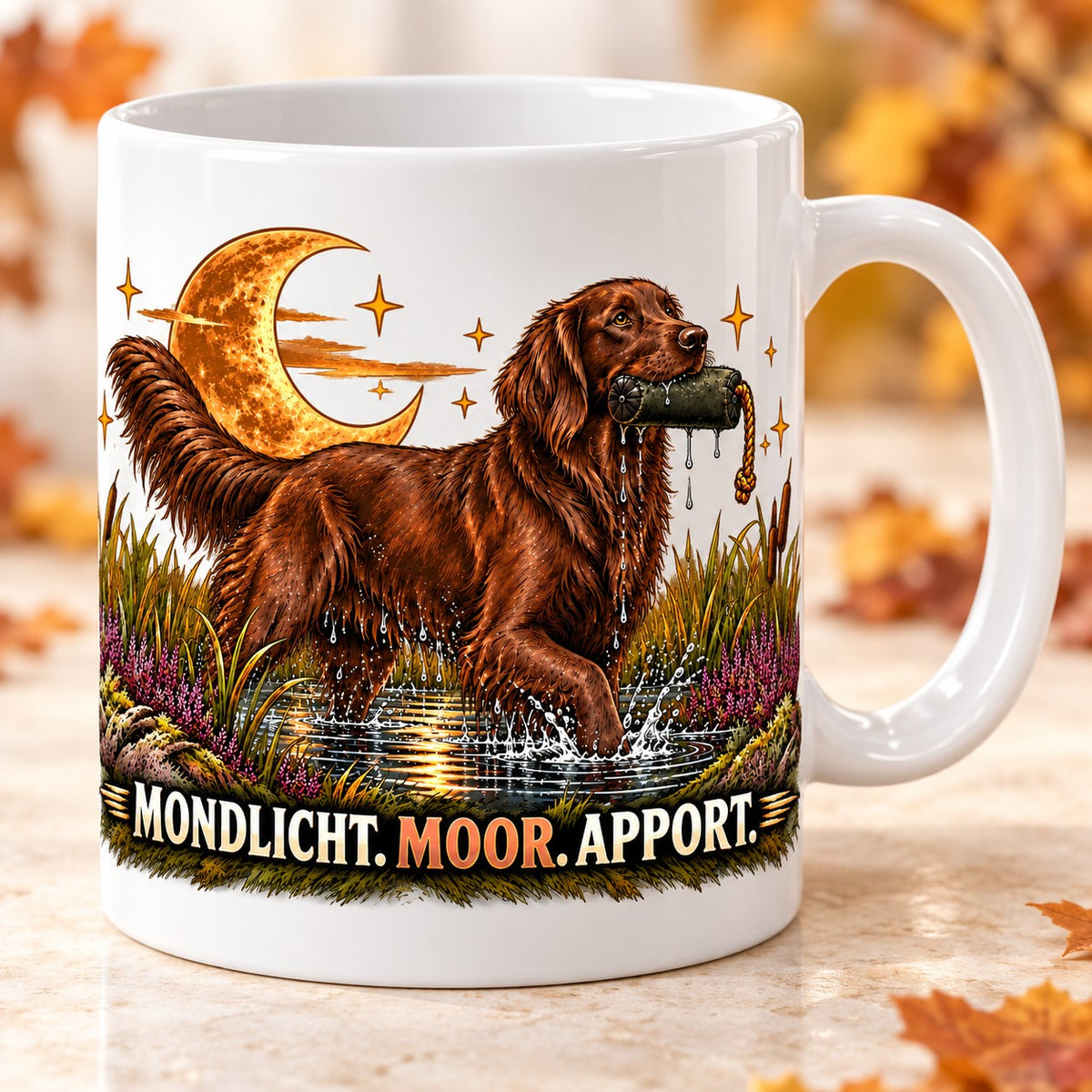 Kaffeetasse Mondlicht. Moor. Apport. – ein Flat-Coated Retriever apportiert im Mondlicht über dem Moor