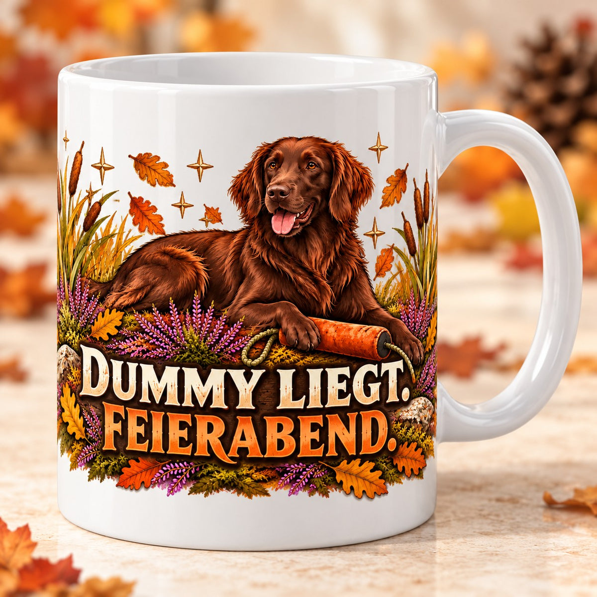 Kaffeetasse Dummy liegt. Feierabend. – ein Flat-Coated Retriever ruht nach dem Training neben seinem Dummy