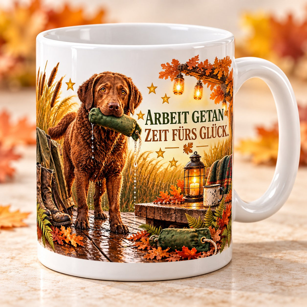 Kaffeetasse Arbeit getan. Zeit fürs Glück. – ein Chesapeake Bay Retriever mit Dummy im Laternenlicht