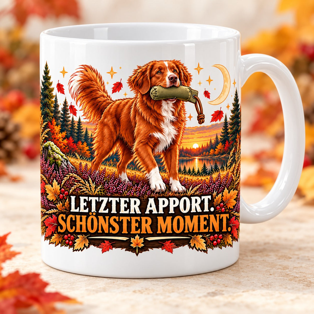 Kaffeetasse Letzter Apport. Schönster Moment. – ein Toller apportiert im goldenen Herbstabend