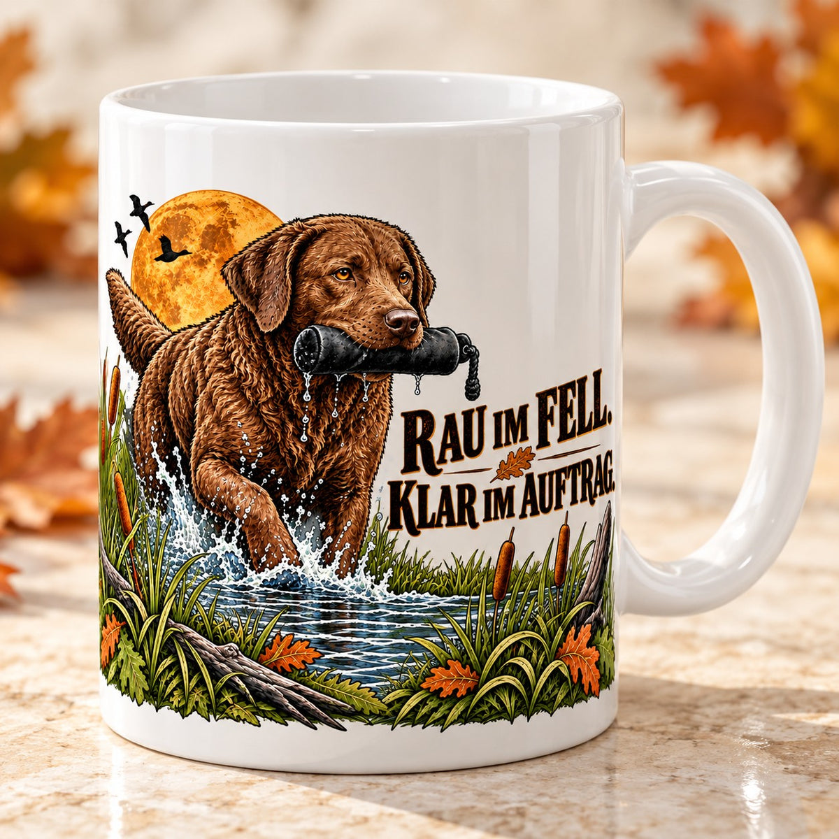 Kaffeetasse Rau im Fell. Klar im Auftrag. – ein Chesapeake Bay Retriever mit Dummy unter dem Kupfermond