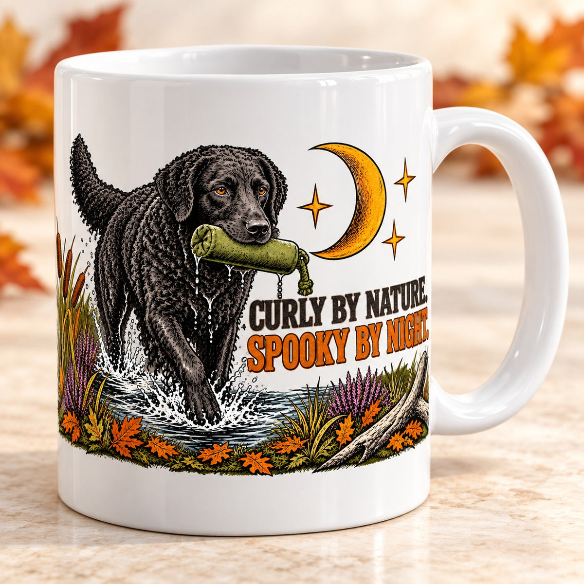 Kaffeetasse Curly by Nature. Spooky by Night. – ein Curly Coated Retriever mit Dummy im Mondlicht