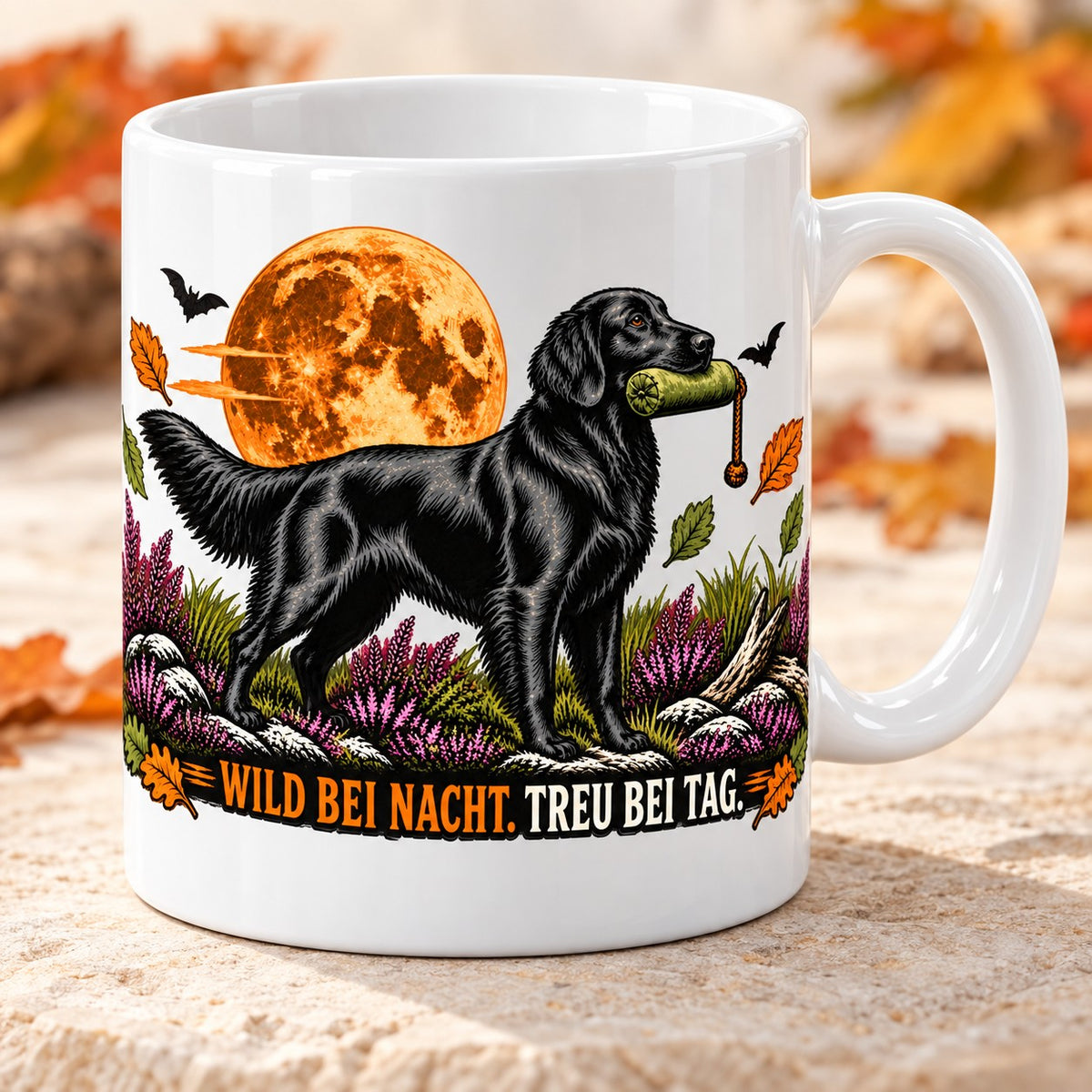Kaffeetasse Wild bei Nacht. Treu bei Tag. – ein schwarzer Flat-Coated Retriever apportiert unter dem Kupfermond