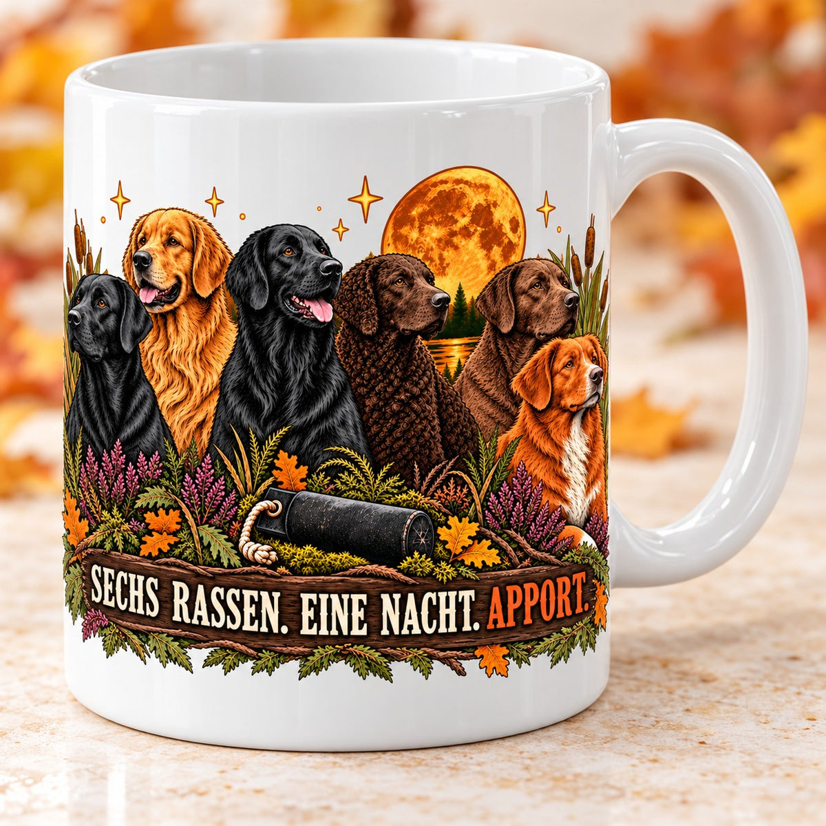 Kaffeetasse Sechs Rassen. Eine Nacht. Apport. – sechs Retriever-Rassen gemeinsam unter dem Vollmond