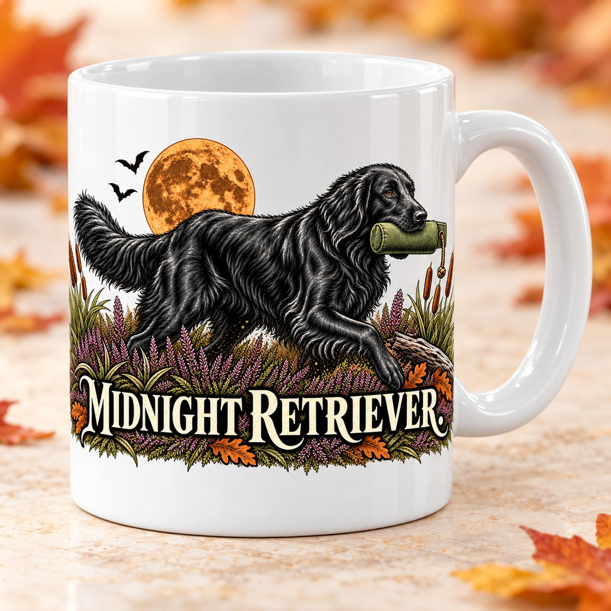 Kaffeetasse Midnight Retriever. – ein schwarzer Flat-Coated Retriever apportiert im Mondlicht
