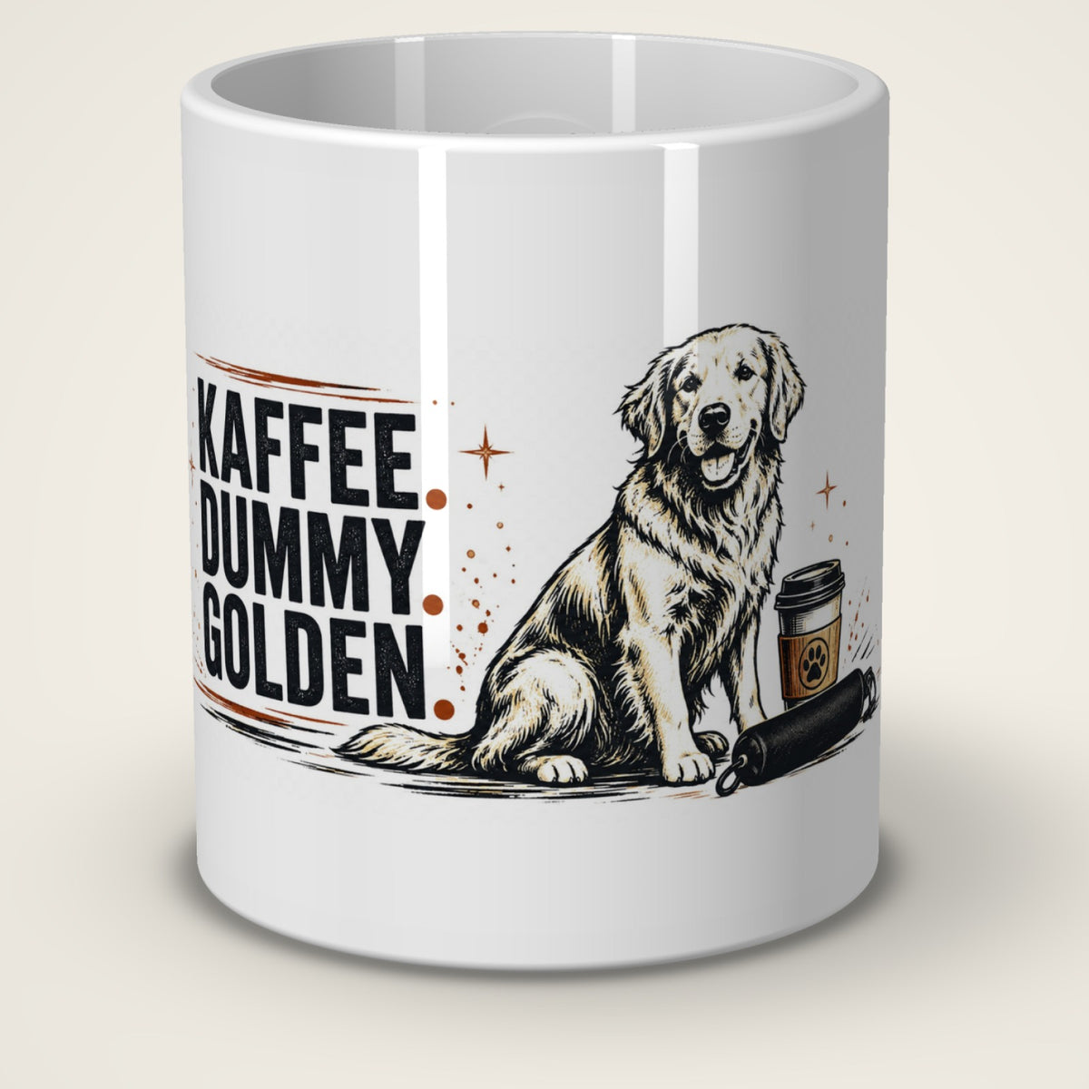 Kaffeetasse Kaffee. Dummy. Golden. – Golden Retriever mit Kaffeebecher und Dummy auf der weißen Keramiktasse