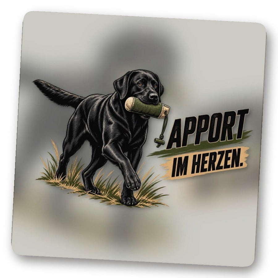 Untersetzer Apport im Herzen. – schwarzer Labrador apportiert einen Dummy