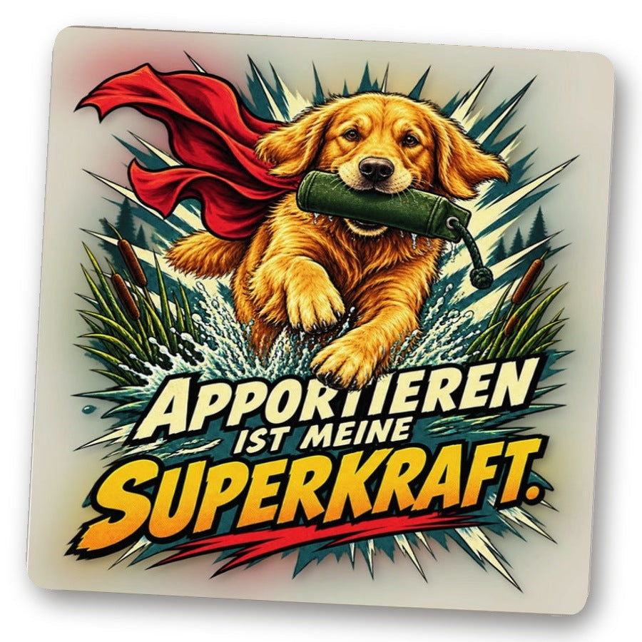 Untersetzer Apportieren ist meine Superkraft. – Golden Retriever mit Umhang und Dummy