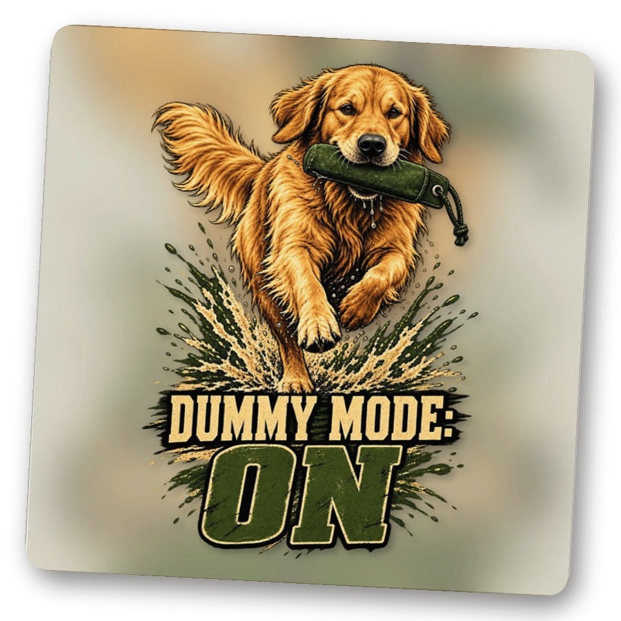 Untersetzer Dummy Mode: ON. – Golden Retriever springt mit Dummy