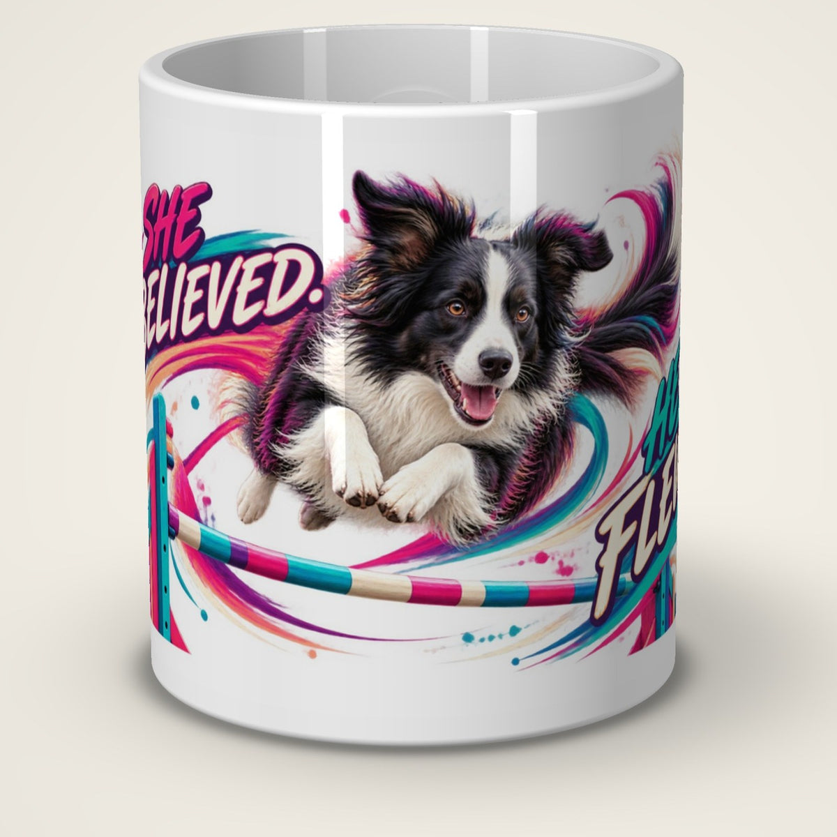 Kaffeetasse She Believed. He Flew! – Vorderansicht der weißen Keramiktasse