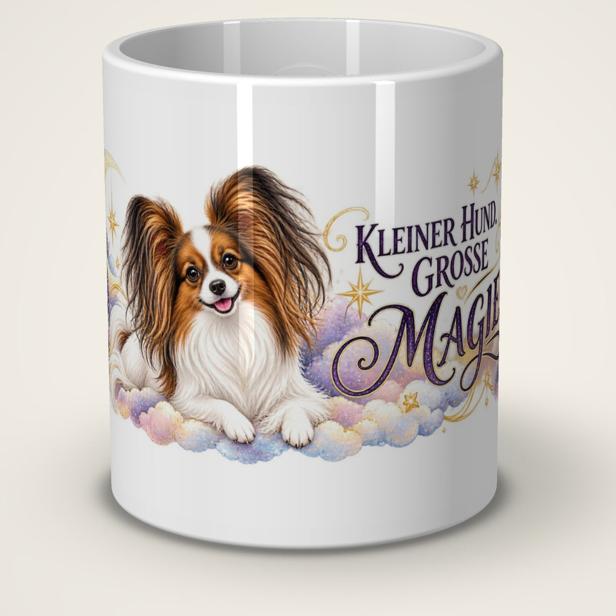 Kaffeetasse Kleiner Hund. Große Magie. – Vorderansicht der weißen Keramiktasse