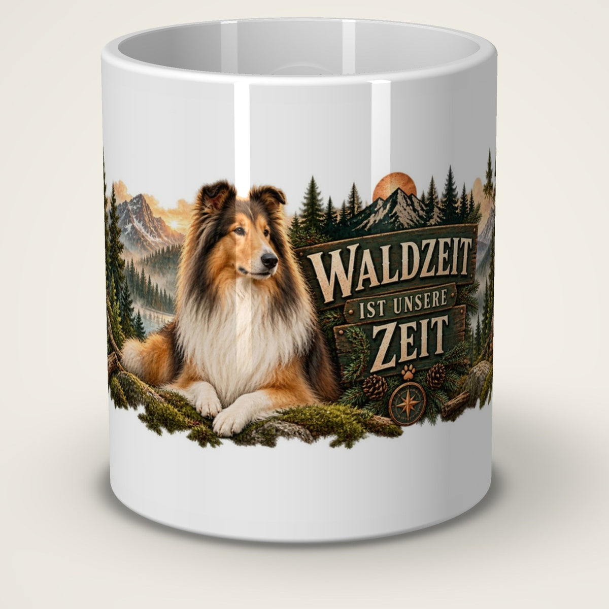 Kaffeetasse Waldzeit ist unsere Zeit. – Vorderansicht der weißen Keramiktasse