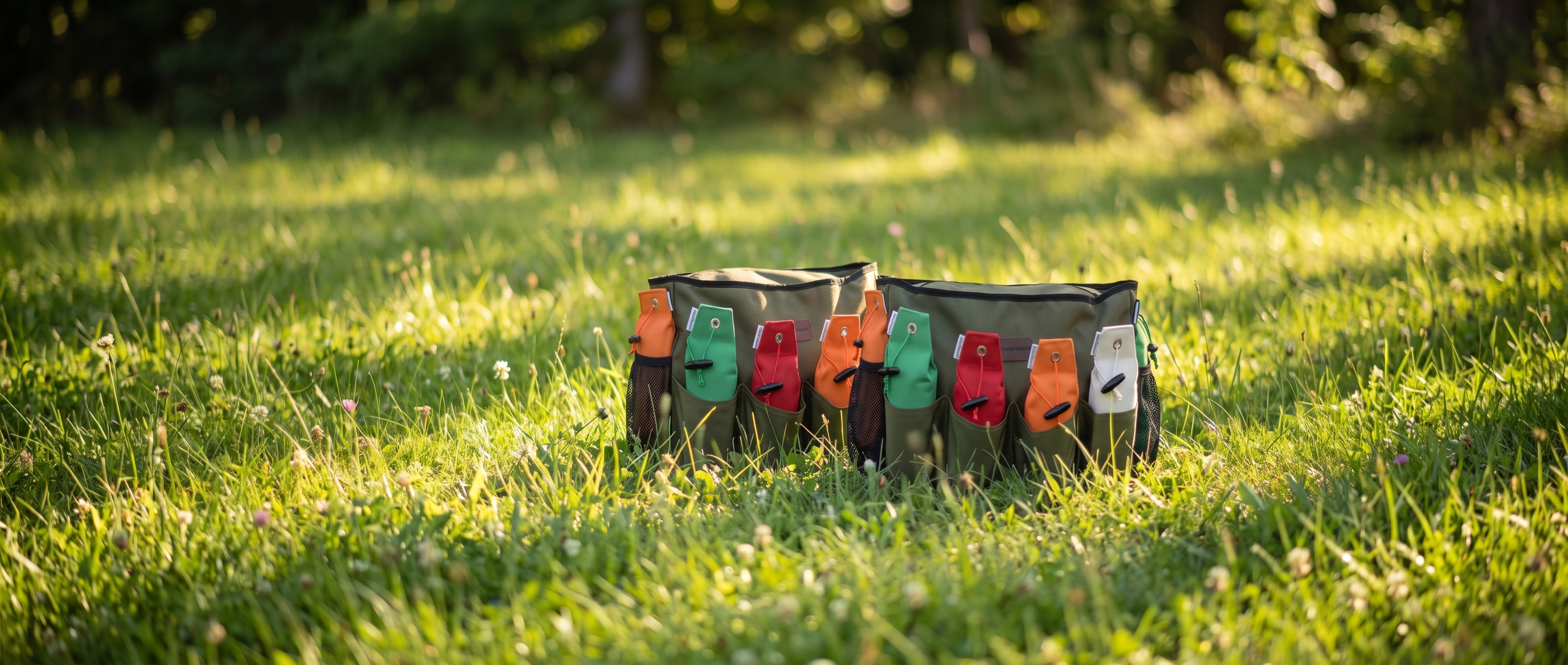 Dummytaschen und Wildtaschen auf grüner Wiese