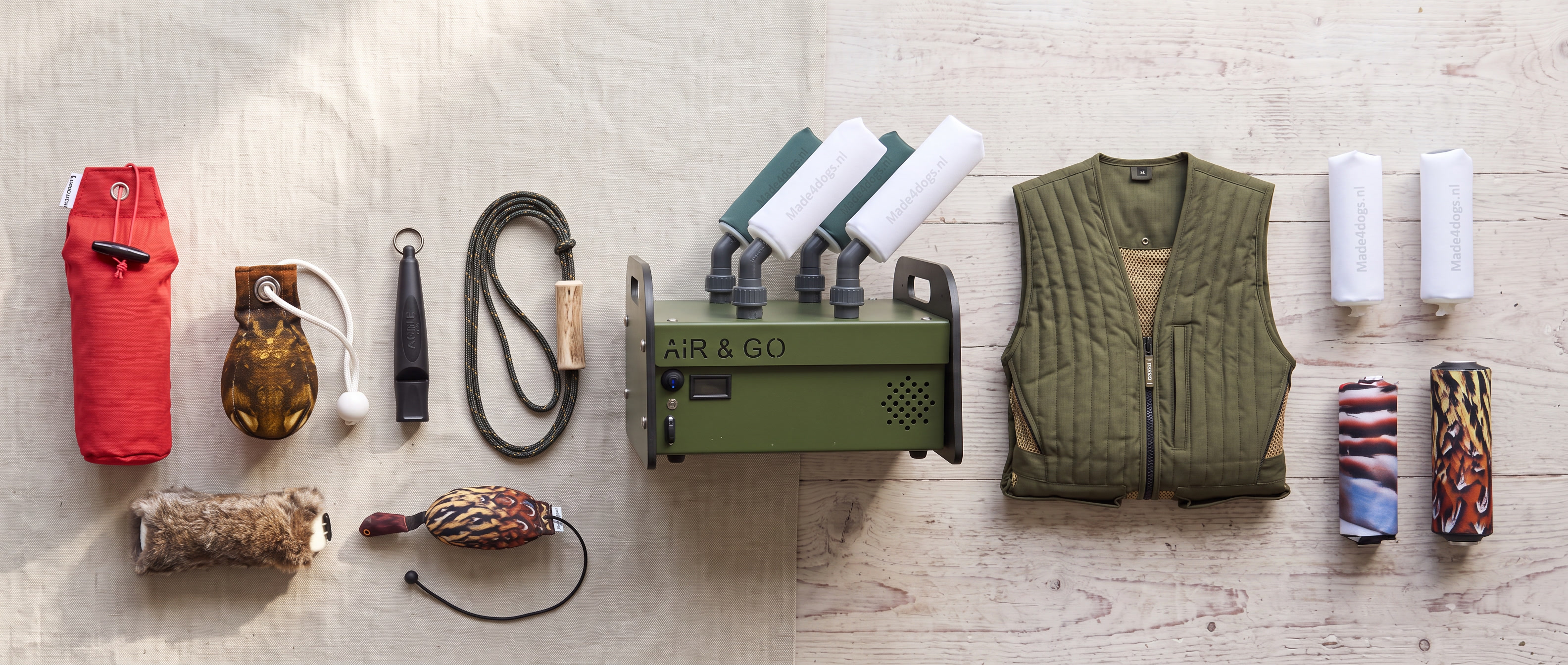 Dummys, Pfeife, Dummytasche, Dummyweste und Air&GO Launcher der Einsteiger-Sets im Überblick