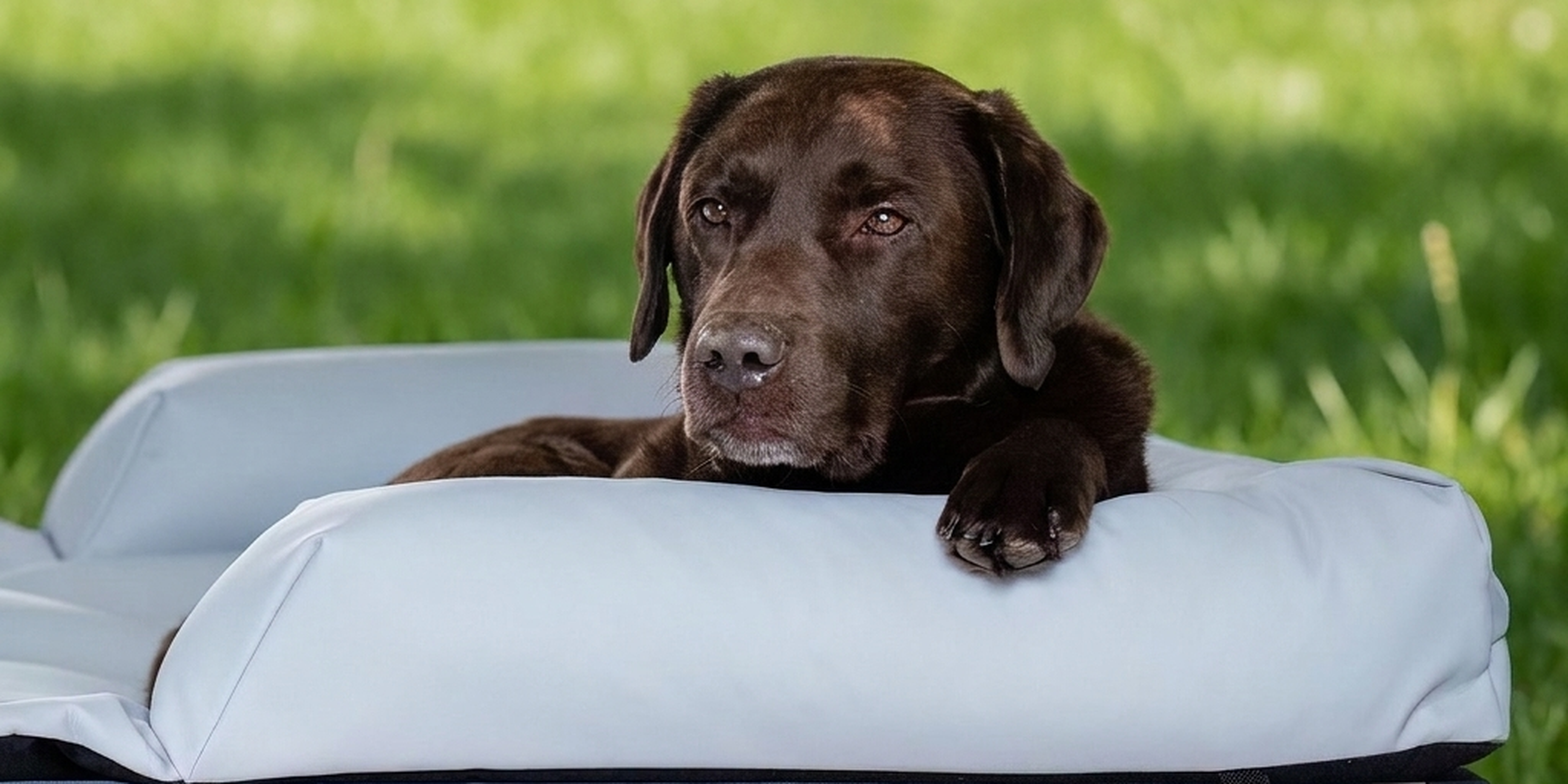 Schokoladenbrauner Labrador liegt entspannt auf einer erhöhten ANADI-Hundeliege auf grüner Wiese