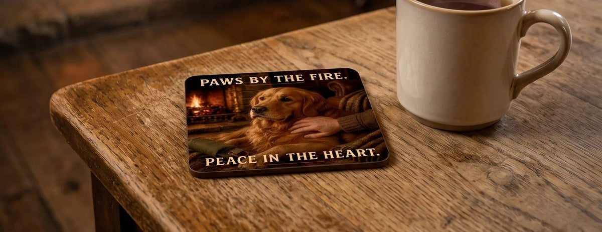 Pub & Paws Untersetzer am Kamin mit Tasse Tee