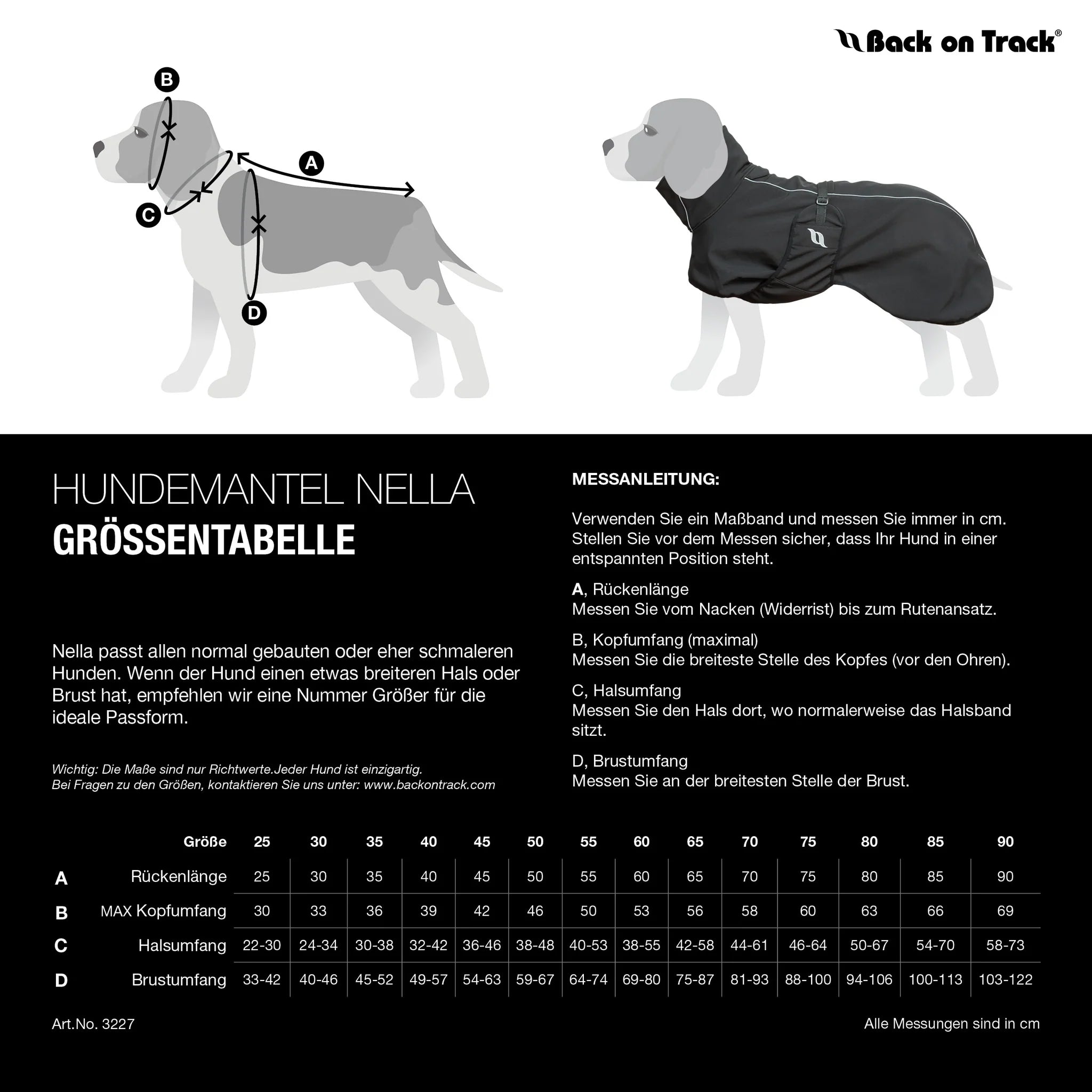 "Nella" Allround Hundemantel von Back on Track in schwarz 25-90 cm Rücken