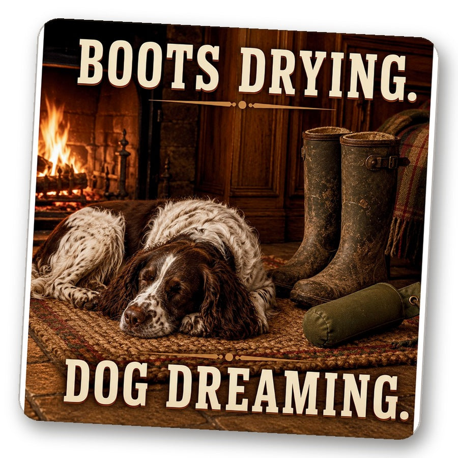 Untersetzer "Boots Drying. Dog Dreaming."