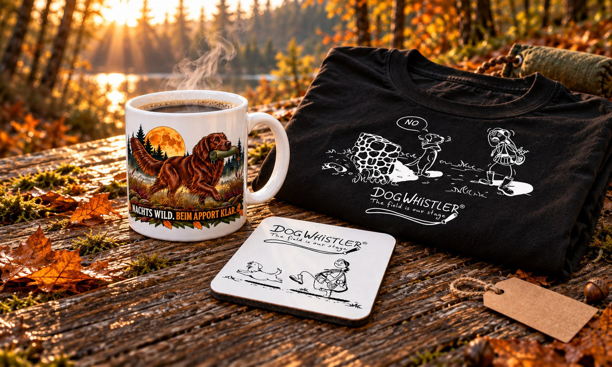 Geschenke für Hundemenschen: Kaffeetasse, DOGWHISTLER Shirt und Untersetzer im Herbstwald