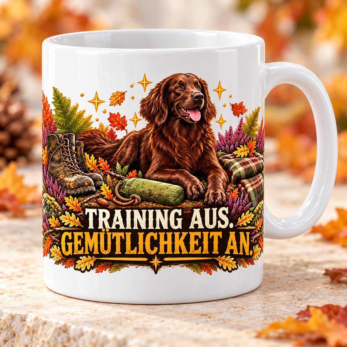 Kaffeetasse Training aus. Gemütlichkeit an. – ein Flat-Coated Retriever entspannt nach dem Training im Herbstlaub