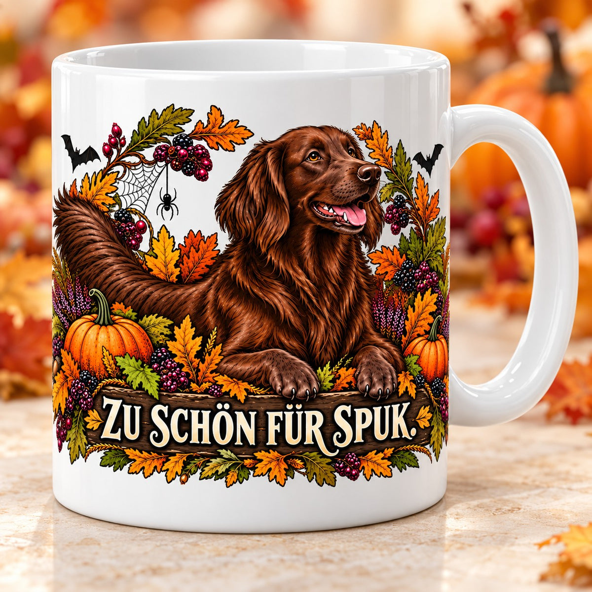 Kaffeetasse Zu schön für Spuk. – ein brauner Flat-Coated Retriever im Herbstkranz mit Kürbissen