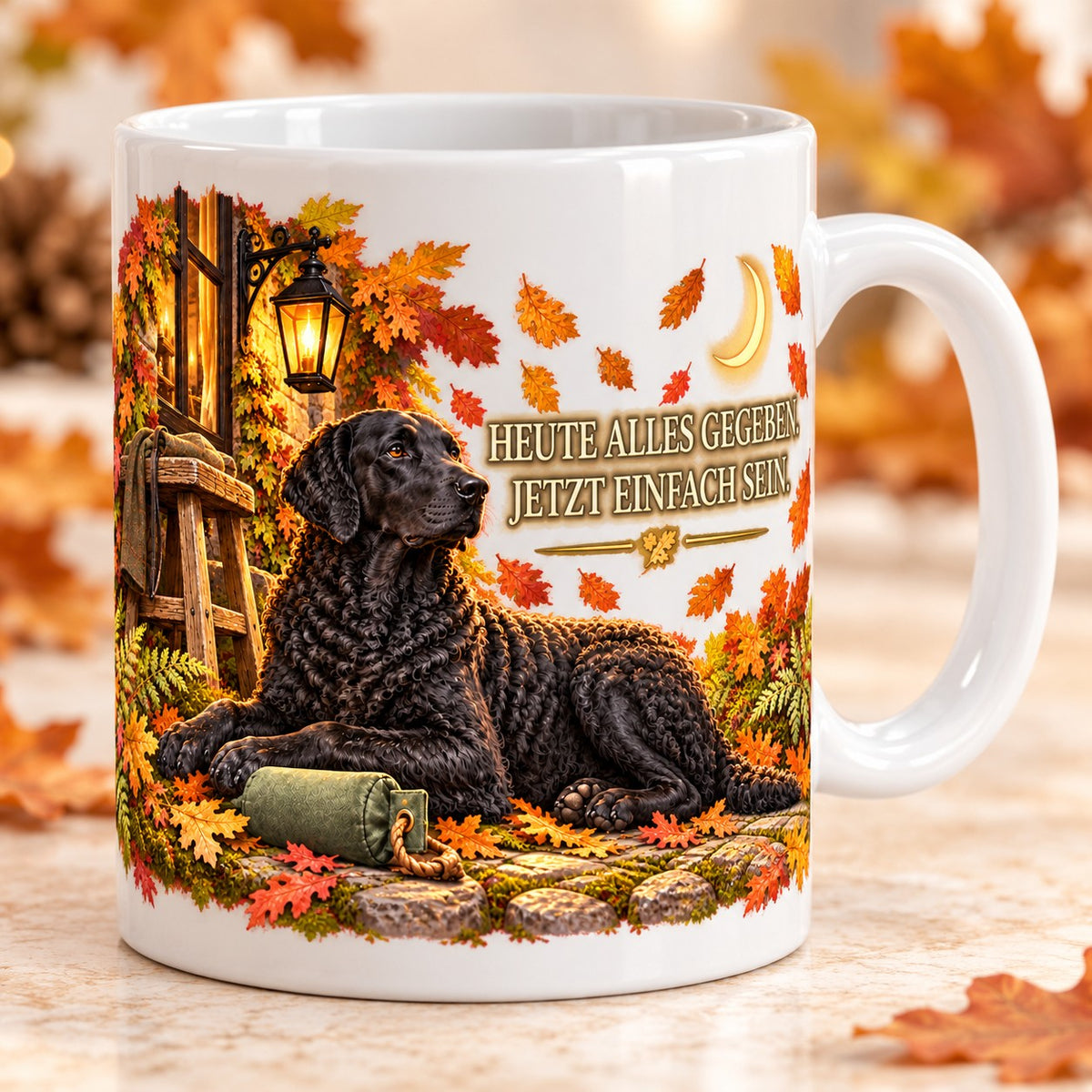 Kaffeetasse Heute alles gegeben. Jetzt einfach sein. – ein schwarzer Curly Coated Retriever ruht vor der Hütte im Herbstlaub