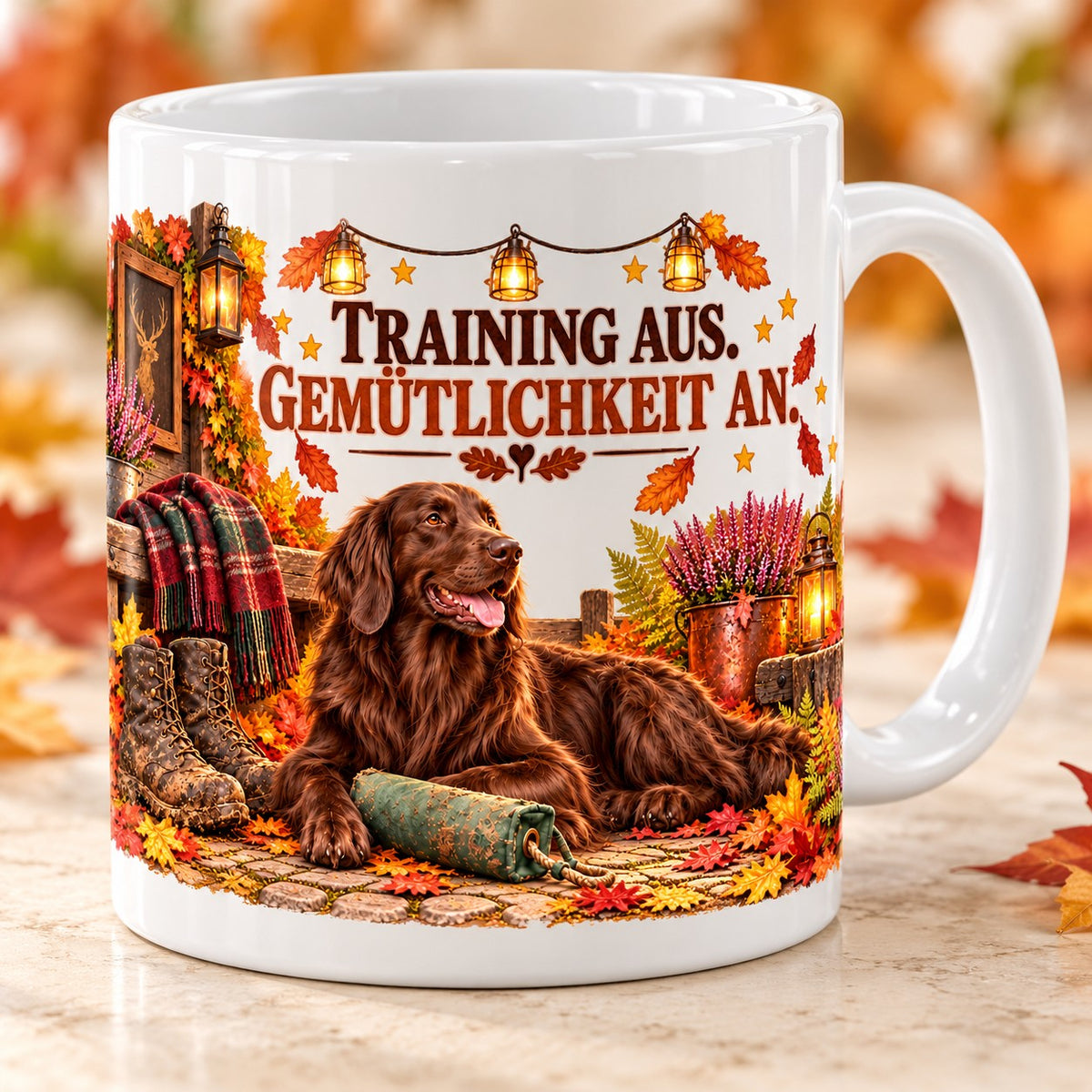 Kaffeetasse Training aus. Gemütlichkeit an. – ein Flat-Coated Retriever entspannt am gemütlichen Herbstabend