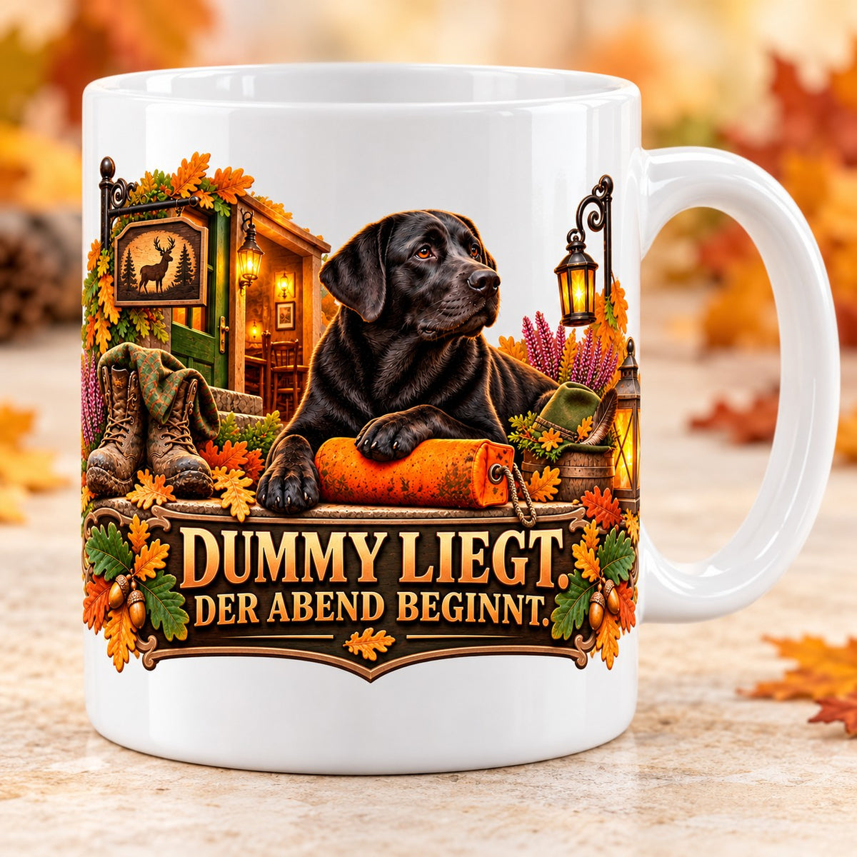 Kaffeetasse Dummy liegt. Der Abend beginnt. – ein schwarzer Labrador Retriever ruht am Herbstabend neben dem Dummy