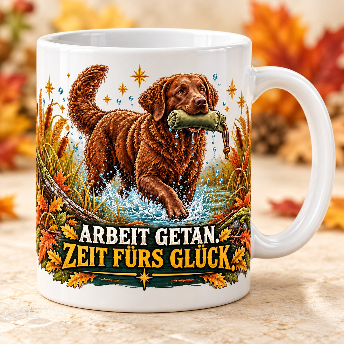 Kaffeetasse Arbeit getan. Zeit fürs Glück. – ein Chesapeake Bay Retriever kommt mit dem Dummy aus dem Schilf