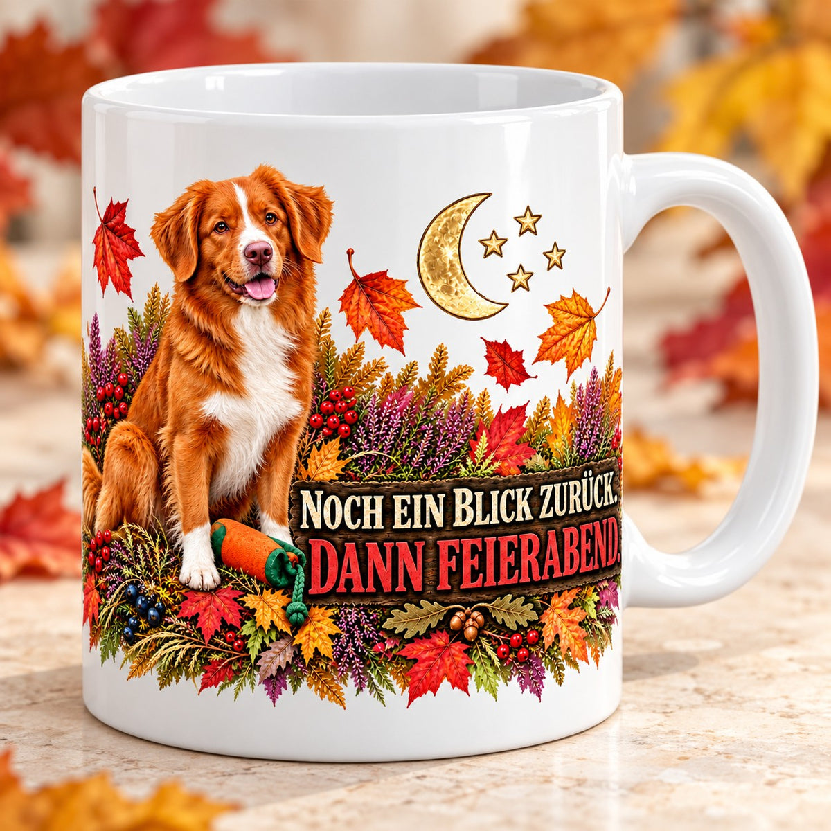 Kaffeetasse Noch ein Blick zurück. Dann Feierabend. – ein Nova Scotia Duck Tolling Retriever unter Sichelmond und Sternen