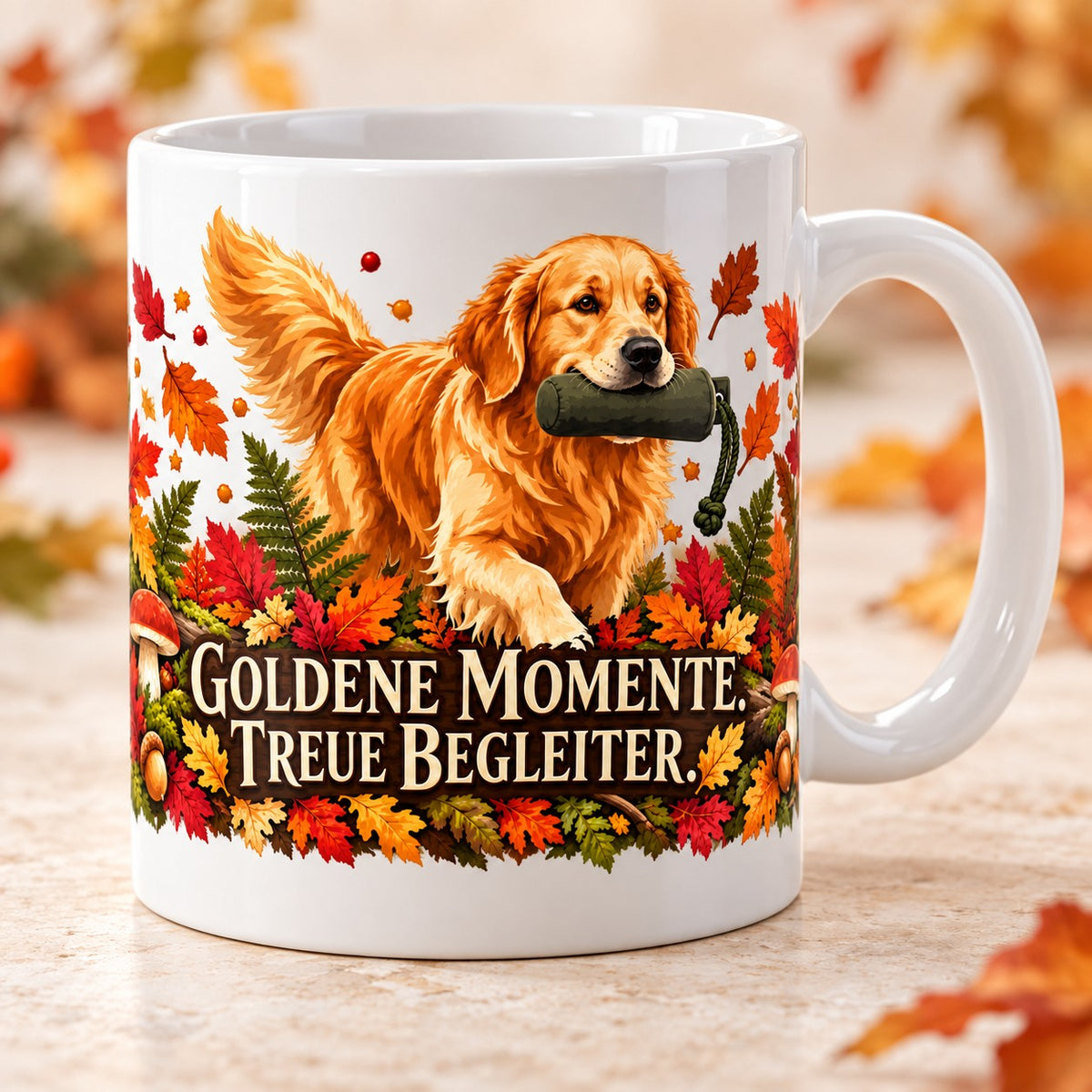 Kaffeetasse Goldene Momente. Treue Begleiter. – ein Golden Retriever mit Dummy im Herbstwald