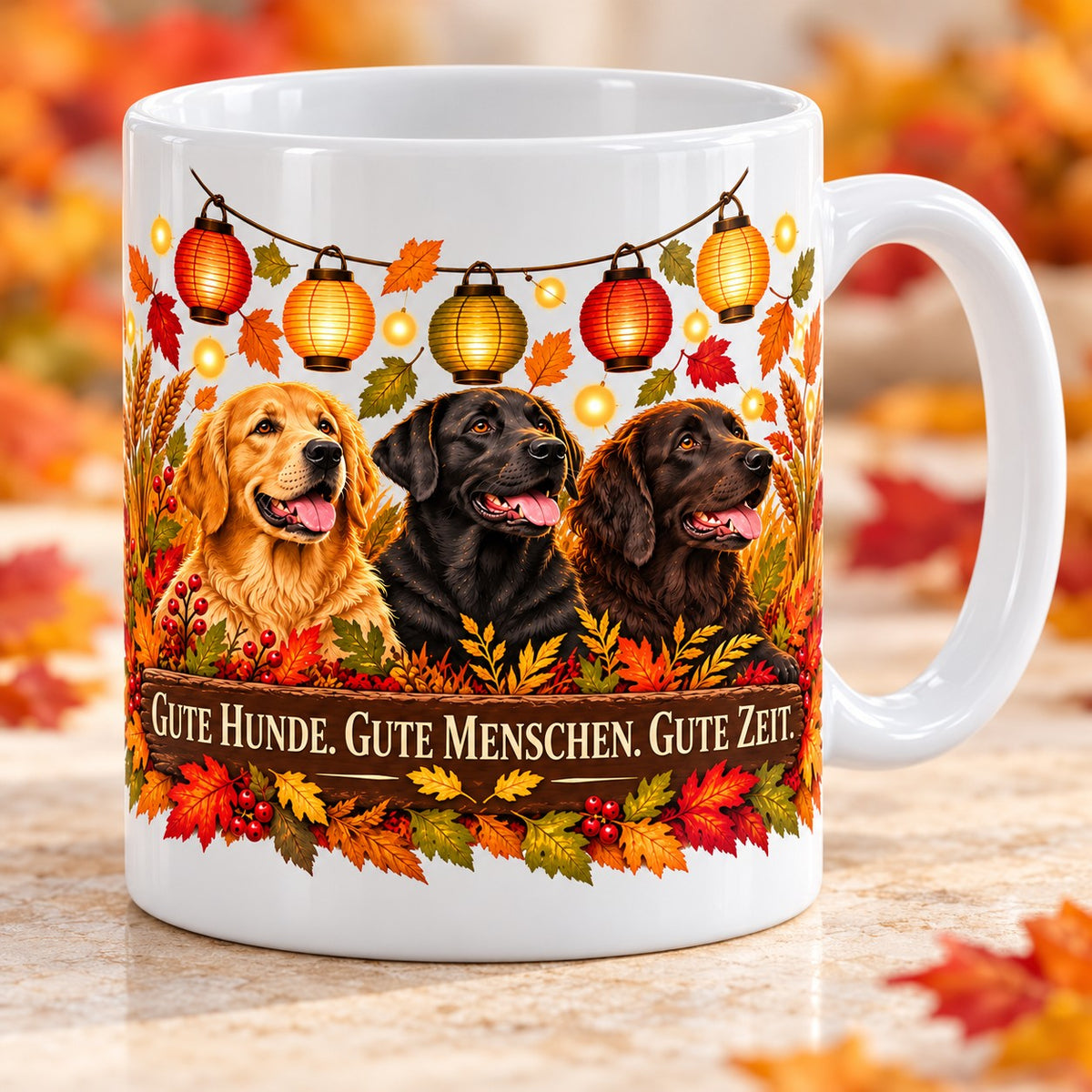 Kaffeetasse Gute Hunde. Gute Menschen. Gute Zeit. – drei Retriever unter warmen Laternen im Herbstlaub